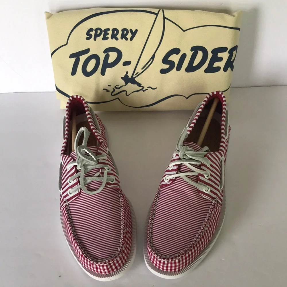 Sperry Leather 3-Eye Boat Shoe Red Gingham 7.5